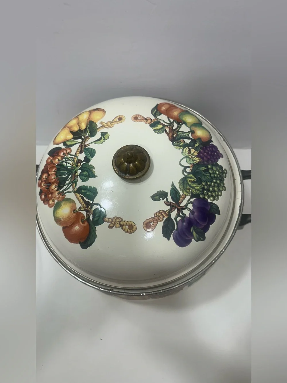 Vintage 8 Quart Enameled Dutch Oven with Fruit Swag Pattern XL Cherries Grapes